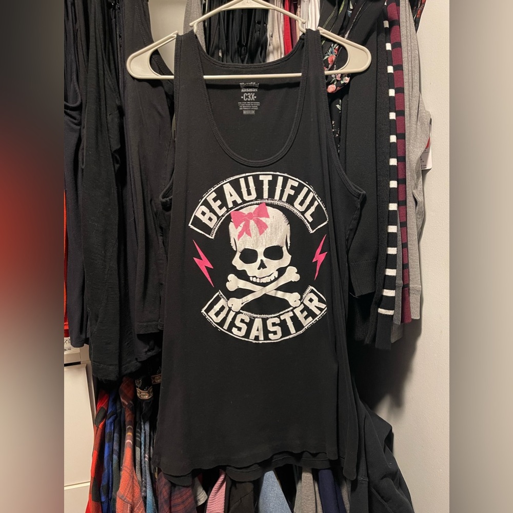 Beautiful Disaster Ribbed Knit Skull with Bow Tank Top